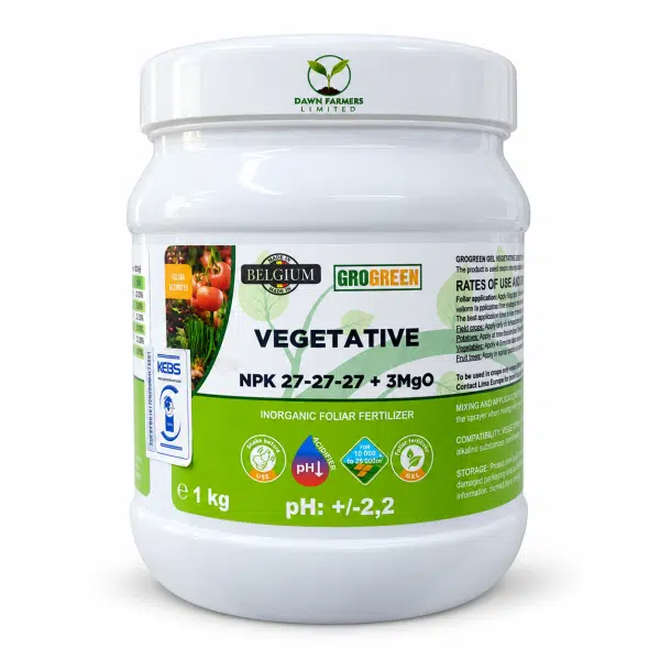 GROGREEN GEL Vegetative 1 kg container with a green label and Dawn Farmers logo on the lid