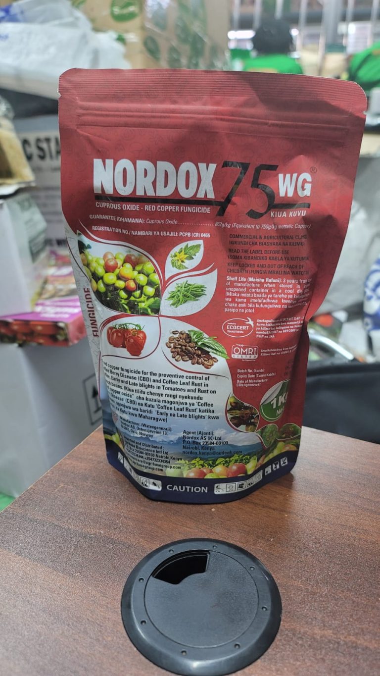 Nordox 75 WG red copper fungicide pack for coffee, tomatoes and French beans in Kenya